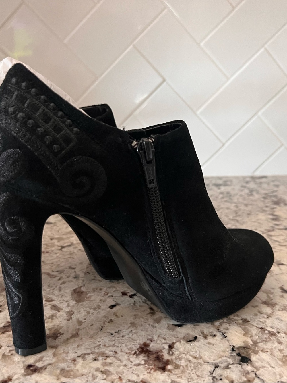 Gianni Bini Black Suede Embroidered Heel Bootie